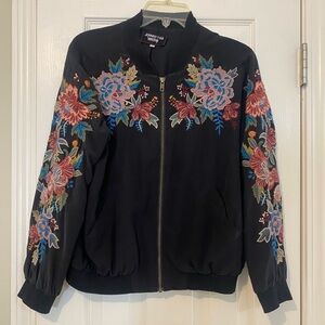 Johnny Was Black Bomber Jacket with Colorful Floral Embroidery S